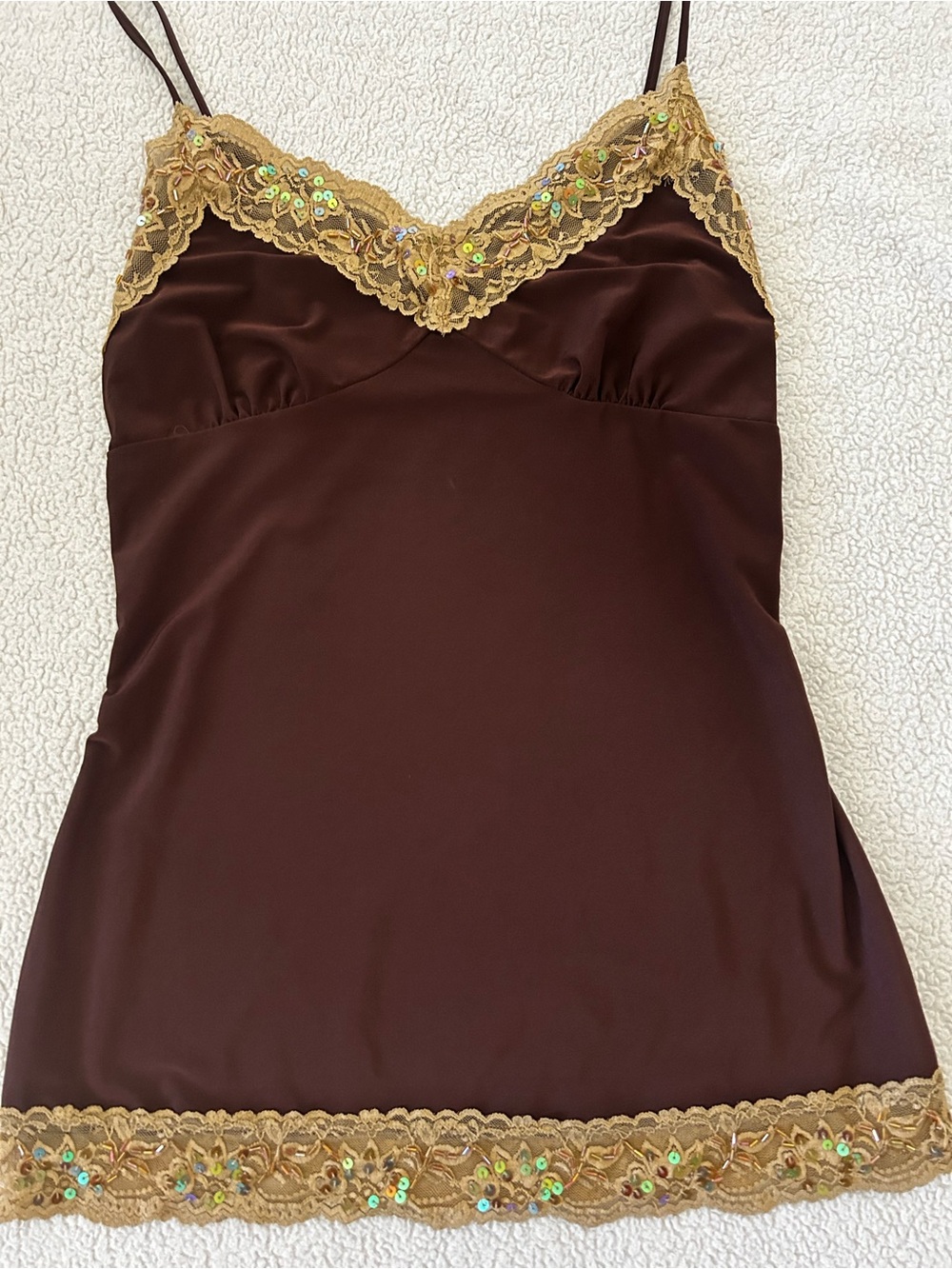 Blu Heaven Brown Satin Lace Sequin Camisole Tank Top Size Small